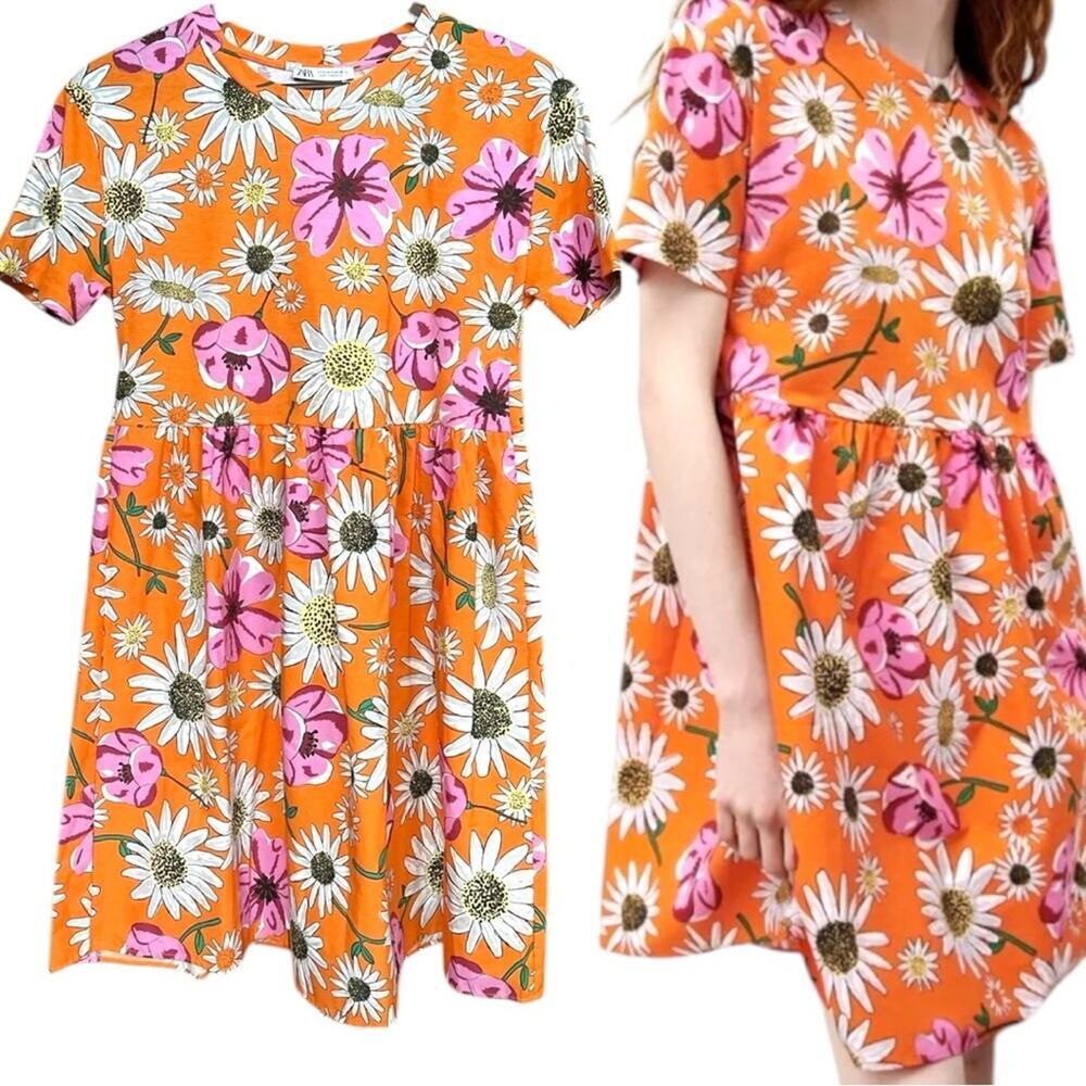 Zara NWT Floral Daisy Pleated Mini Dress 100 percent cotton Size Medium
